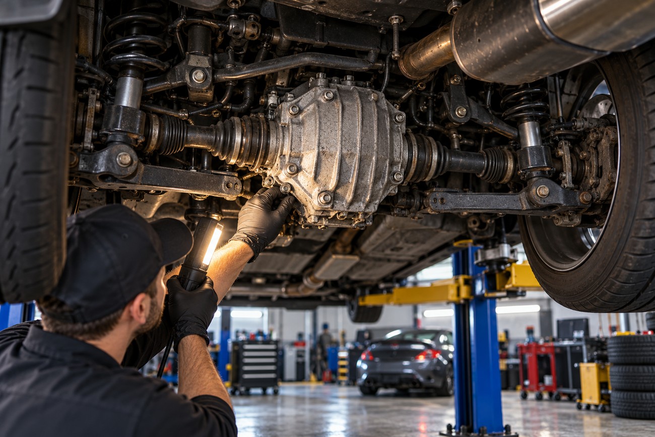 Mechanic wearing gloves inspects the rear differential and suspension of a Hyundai Genesis Coupe on a lift