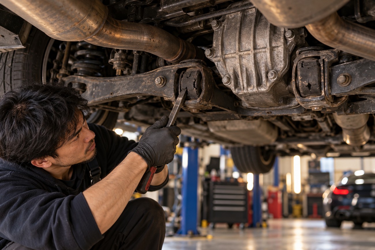 A mechanic in black gloves inspecting a cracked rear suspension bushing under a Hyundai Genesis Coupe