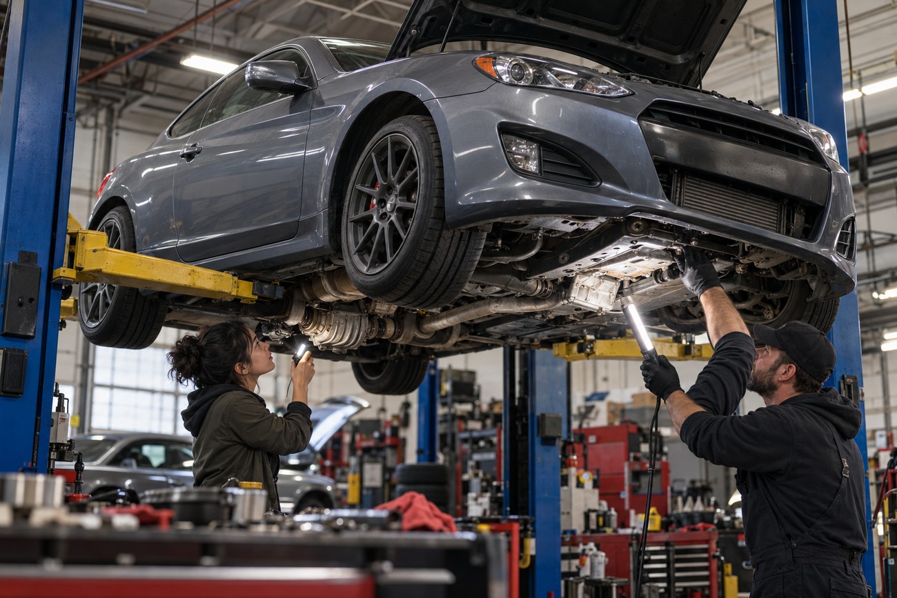 Mechanics using work lights to inspect the undercarriage of a grey Hyundai Genesis Coupe lifted on a hoist in a garage
