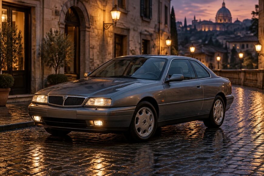 Grey Lancia Kappa Coupe parked on a wet cobblestone street in an Italian town at dusk