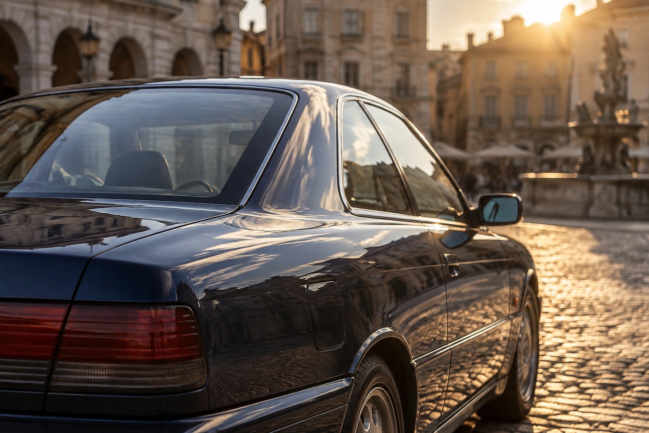 Dark blue Lancia Kappa Coupe parked on a historic European cobblestone square with a fountain in the background during golden hour