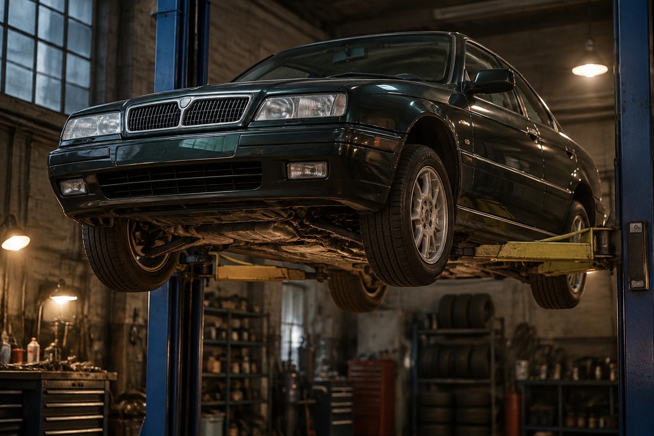 A dark green Lancia Kappa Coupe is lifted on a hydraulic hoist inside a dimly lit vintage auto repair shop