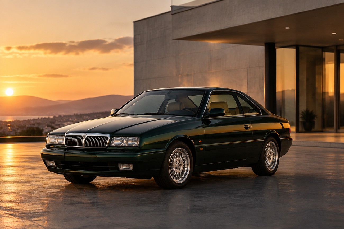 Dark green Lancia Kappa Coupe parked on a paved terrace during a warm sunset by a modern building