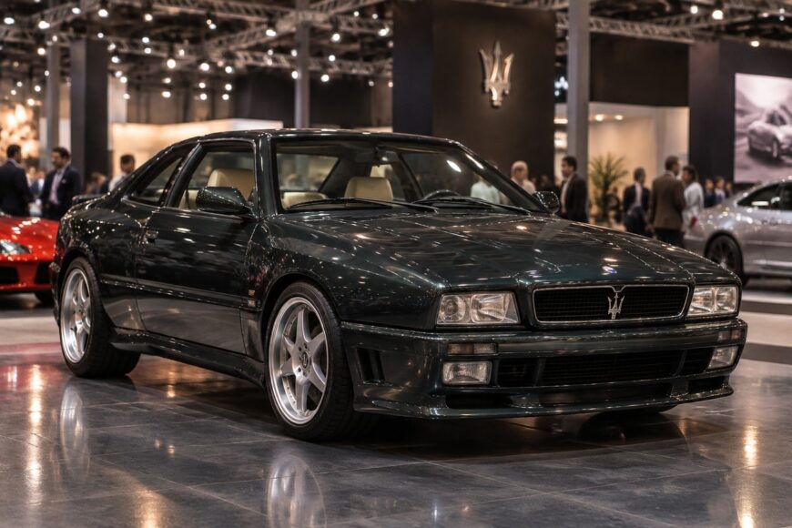 Dark green Maserati Ghibli Cup sports coupe parked on a shiny exhibition floor with people walking around in the background