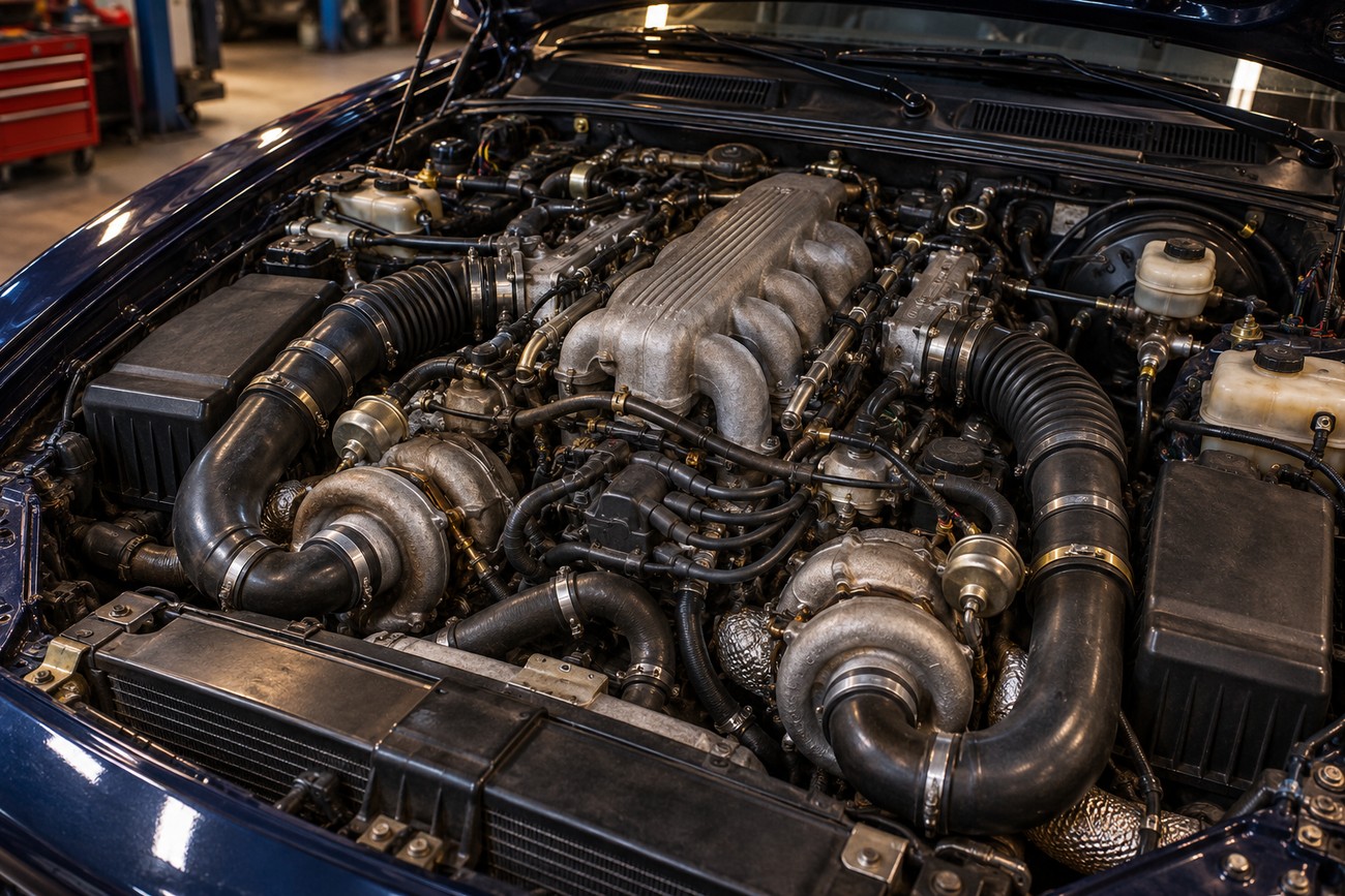 Detailed view of the twin-turbocharged V6 engine bay under the hood of a classic Maserati Ghibli Cup