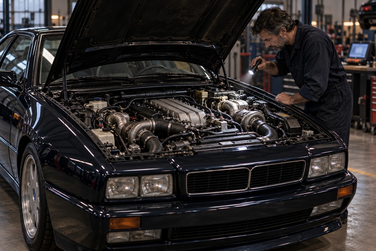 Mechanic with a flashlight inspecting the twin-turbo engine bay of a classic dark blue Maserati Ghibli Cup in a workshop