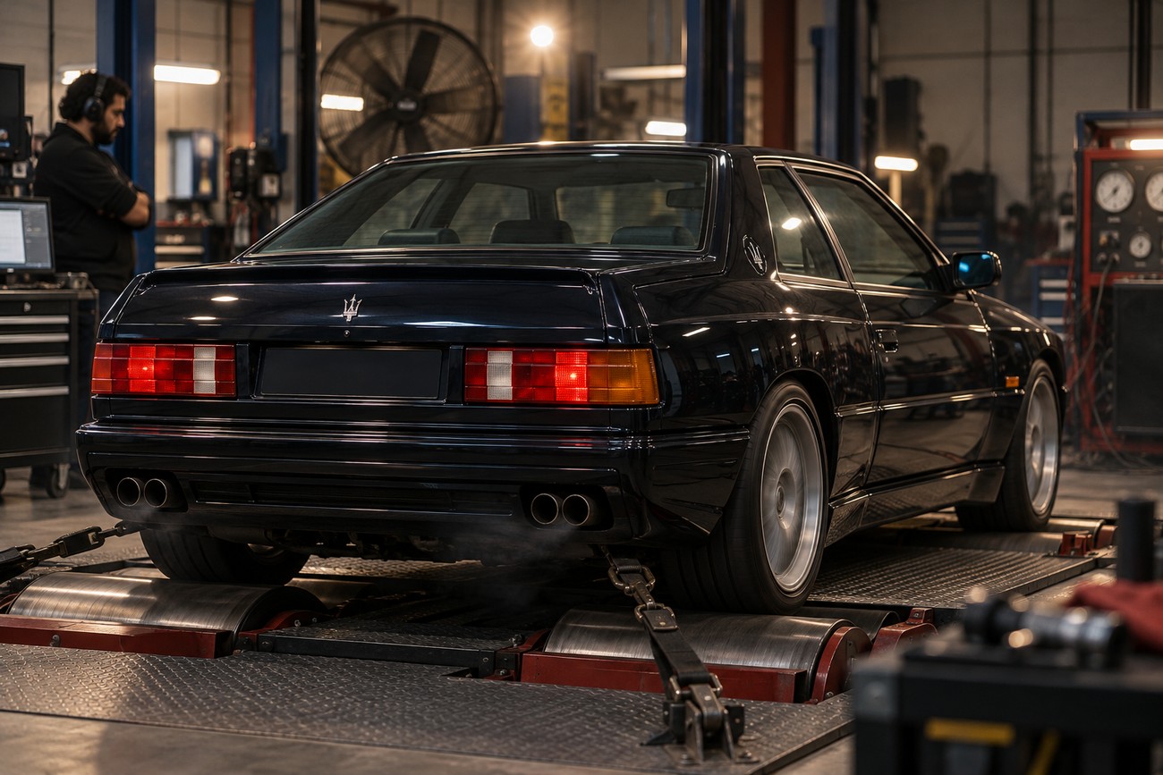 Dark blue Maserati Ghibli Cup secured on a dynamometer rollers in a mechanic workshop with exhaust smoke