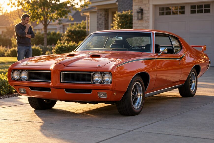 A bright orange vintage Pontiac GTO Judge muscle car parked in a driveway during golden hour