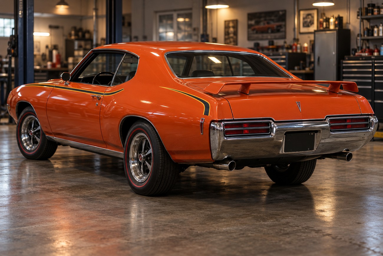 Classic orange Pontiac GTO Judge muscle car parked inside a professional auto garage with shiny concrete floor
