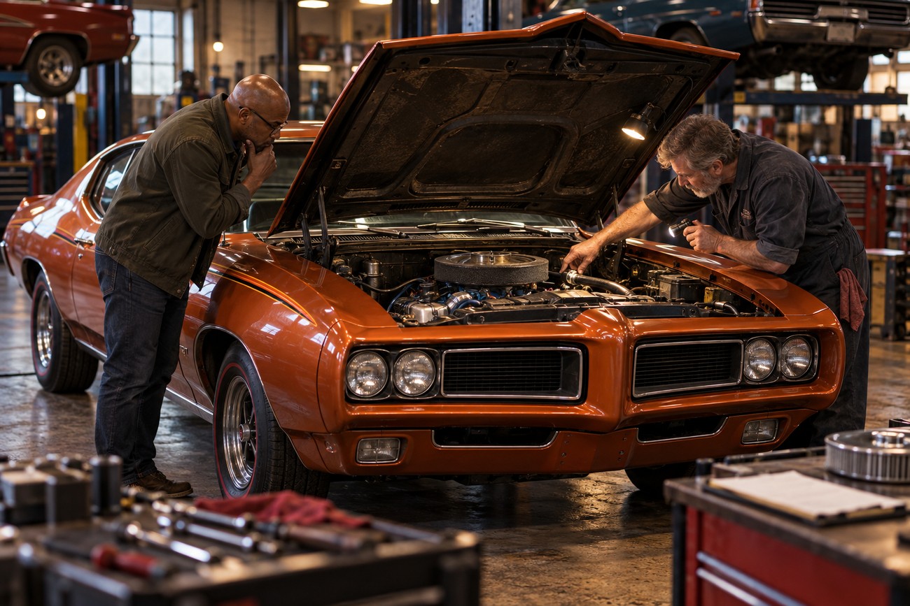 Two mechanics inspecting the open engine bay of a classic orange Pontiac GTO Judge inside a repair shop