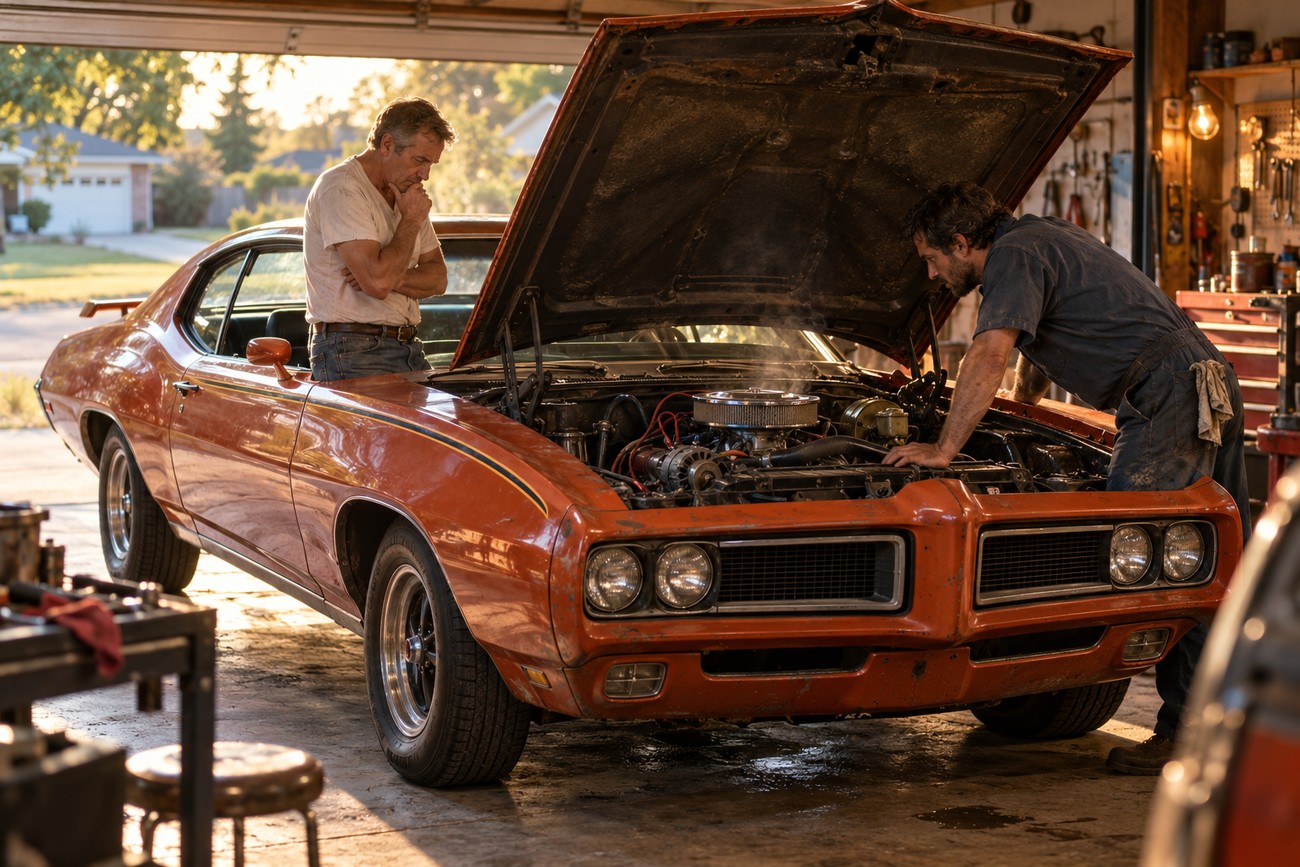 Two mechanics inspecting the open engine bay of a classic orange Pontiac GTO Judge muscle car in a garage