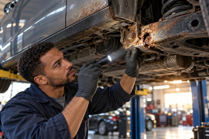 A mechanic wearing black gloves uses a flashlight to inspect heavy rust and corrosion on the undercarriage of a car in a workshop
