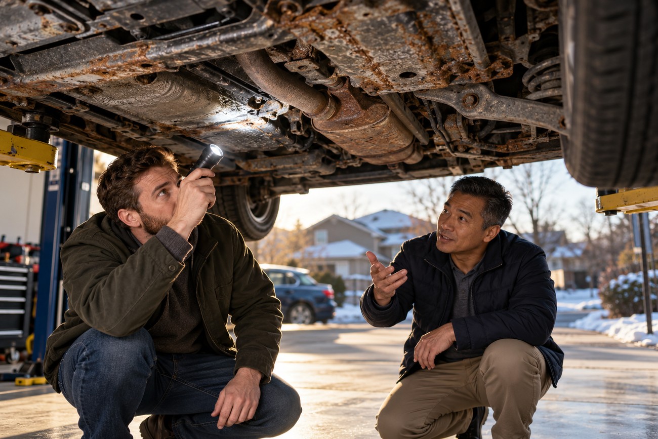 Two men squatting under a lifted car outdoors while one shines a flashlight on the rusty undercarriage