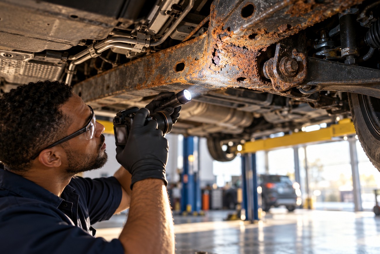 Mechanic wearing safety glasses and black gloves uses a flashlight and camera to inspect heavy rust on a car frame undercarriage in a garage