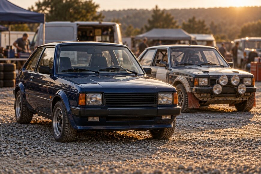 A dark blue Talbot Sunbeam Lotus rally car parked on gravel with another rally car in the background during sunset