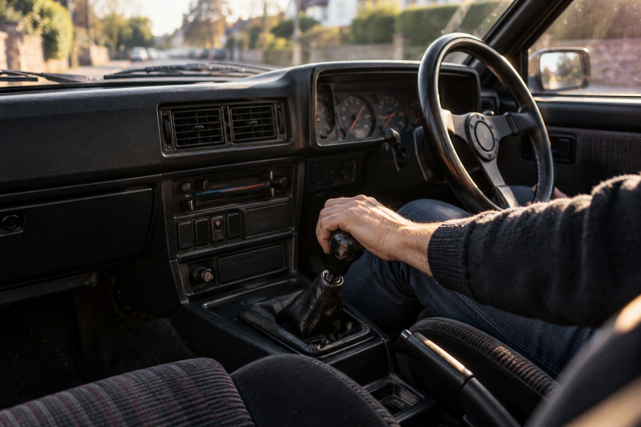 Driver shifting gears on the manual transmission inside the classic Talbot Sunbeam Lotus cockpit