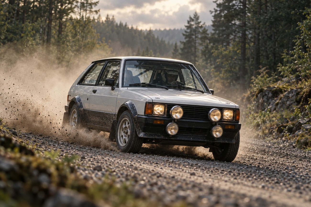 White Talbot Sunbeam Lotus rally car driving fast on a dusty gravel road through a pine forest