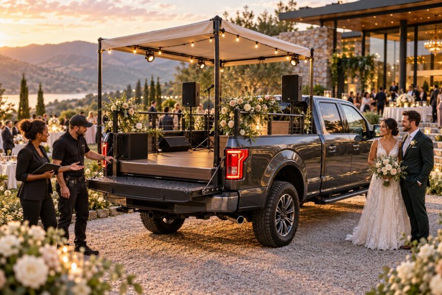 Bride and groom standing next to a Ford F-150 truck converted into a decorated wedding stage with flowers and lighting