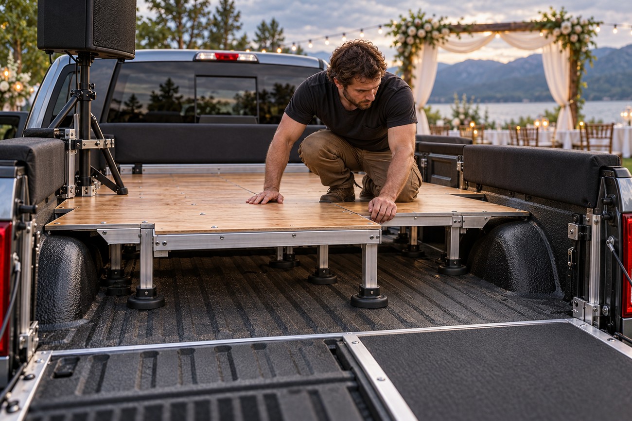 Man assembling a wooden platform inside a Ford F-150 truck bed to create an outdoor wedding stage