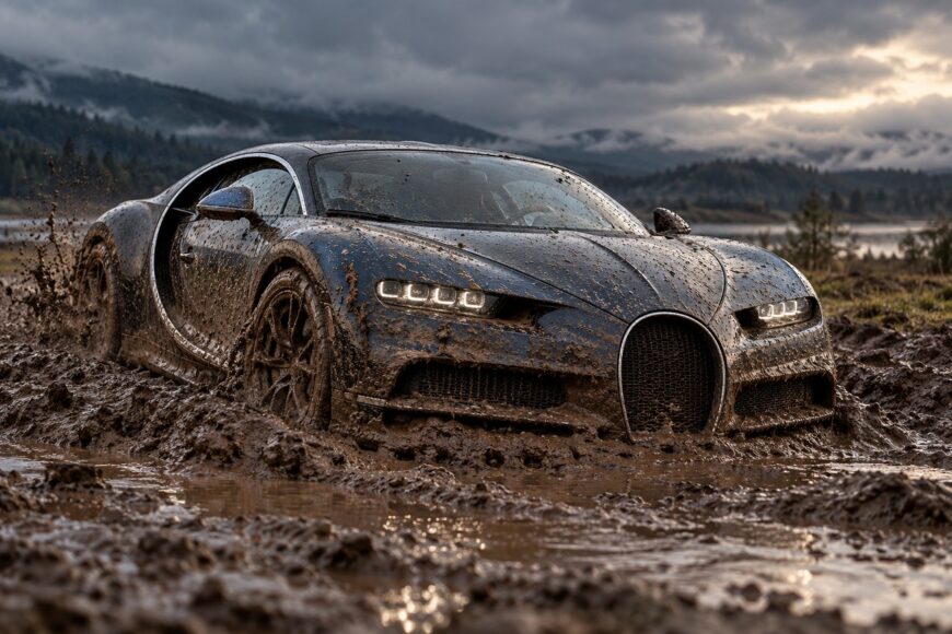 A dark Bugatti Chiron bogged down and deeply stuck in thick mud outdoors under a cloudy sky
