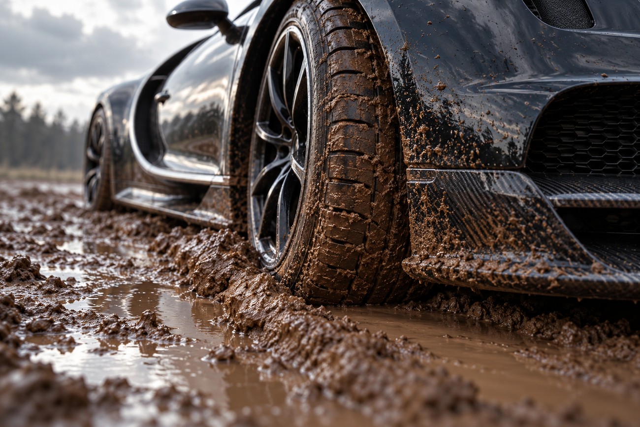 Close-up of a black Bugatti Chiron hypercar wheel and body covered in thick wet mud