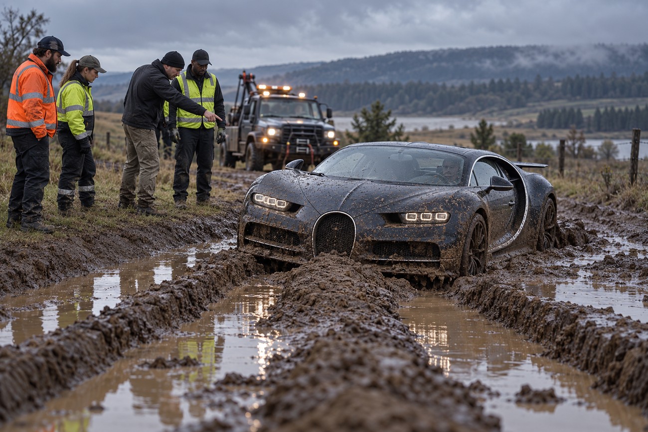 A muddy Bugatti Chiron trapped in deep ruts on a rural dirt road while workers and a tow truck look on