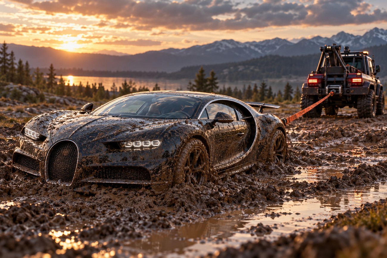 A muddy Bugatti Chiron stuck in deep bog is being pulled out by an off-road tow truck at sunset