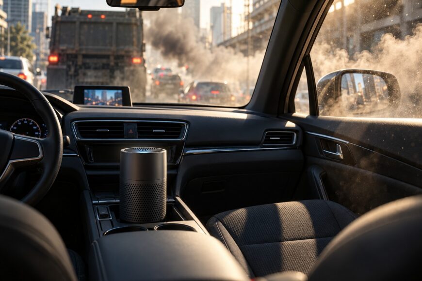 A compact car air purifier sits in the center console of a vehicle driving through heavy traffic smog