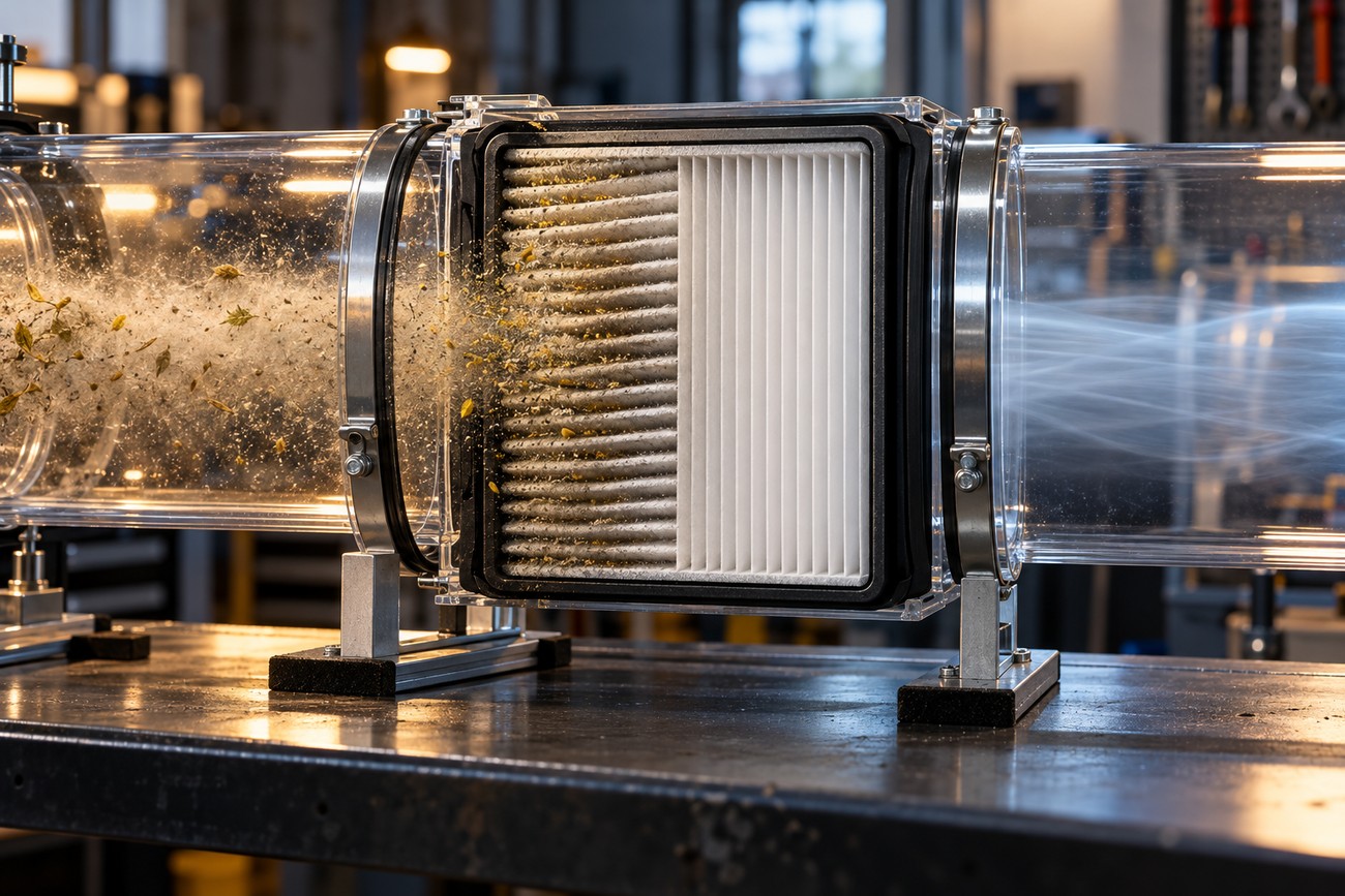 A car cabin air filter inside a transparent test duct capturing dust and debris from flowing air