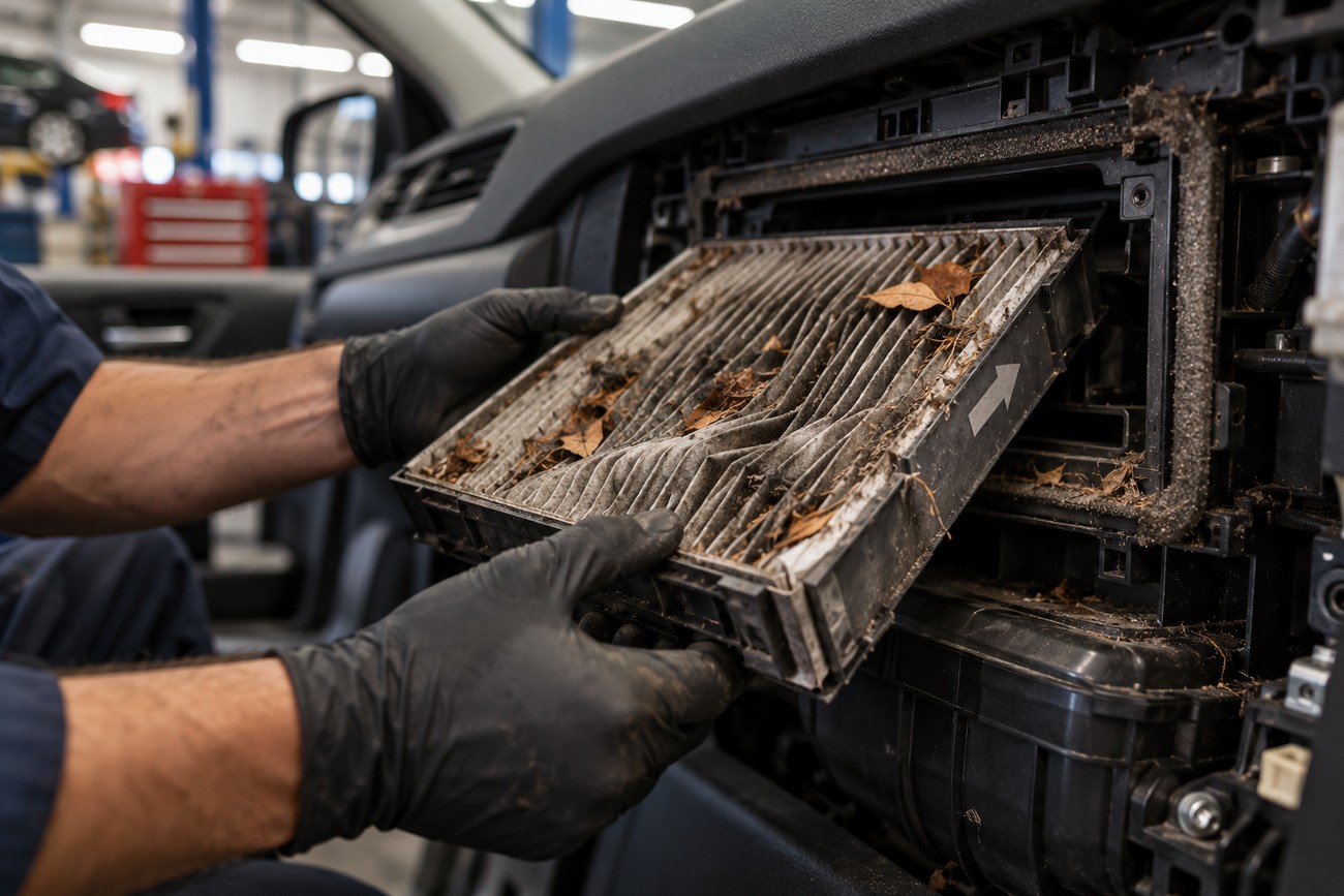 Mechanic wearing black gloves removing a very dirty and clogged cabin air filter from inside a car dashboard