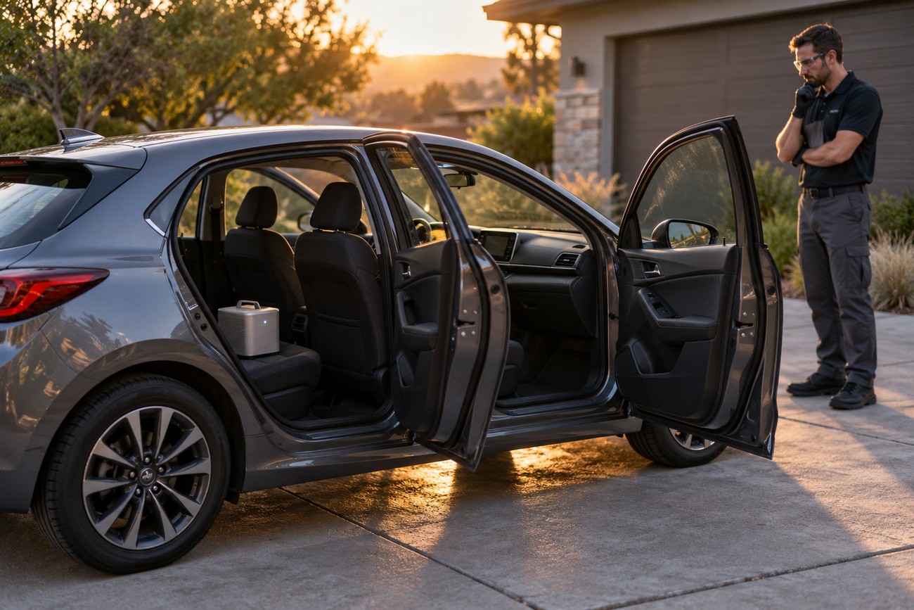 A compact car air purifier sitting on the rear seat of a modern grey hatchback with doors open while a technician stands outside