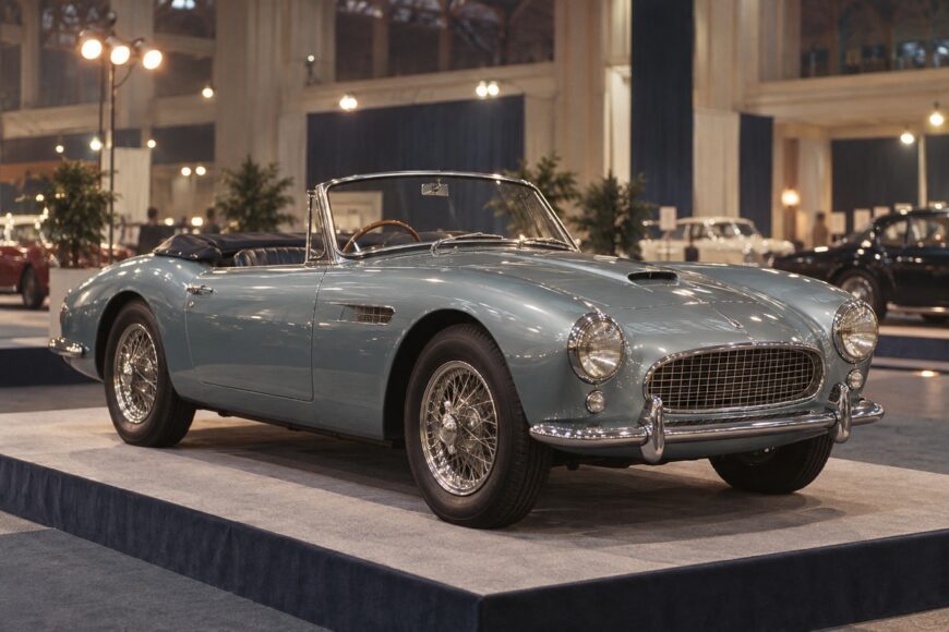 A vintage light blue Lea-Francis Lynx roadster displayed on a raised platform at an auto exhibition hall