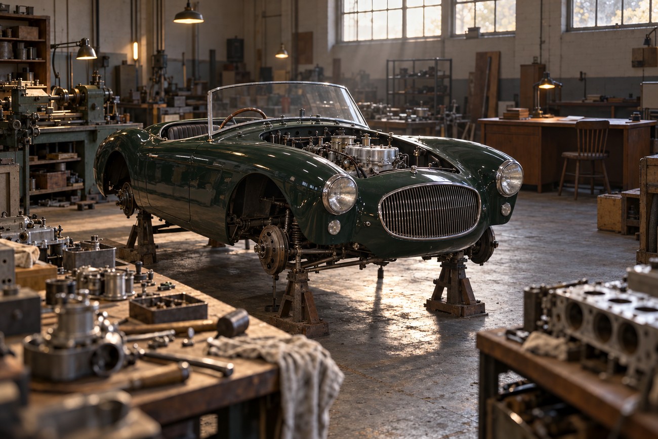 A classic green Lea-Francis Lynx roadster raised on jack stands inside a vintage mechanical workshop