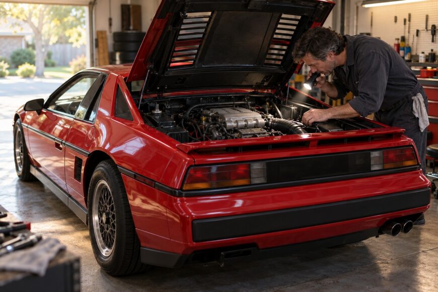 Mechanic using a flashlight to check the mid-engine bay of a red Pontiac Fiero GT in a garage