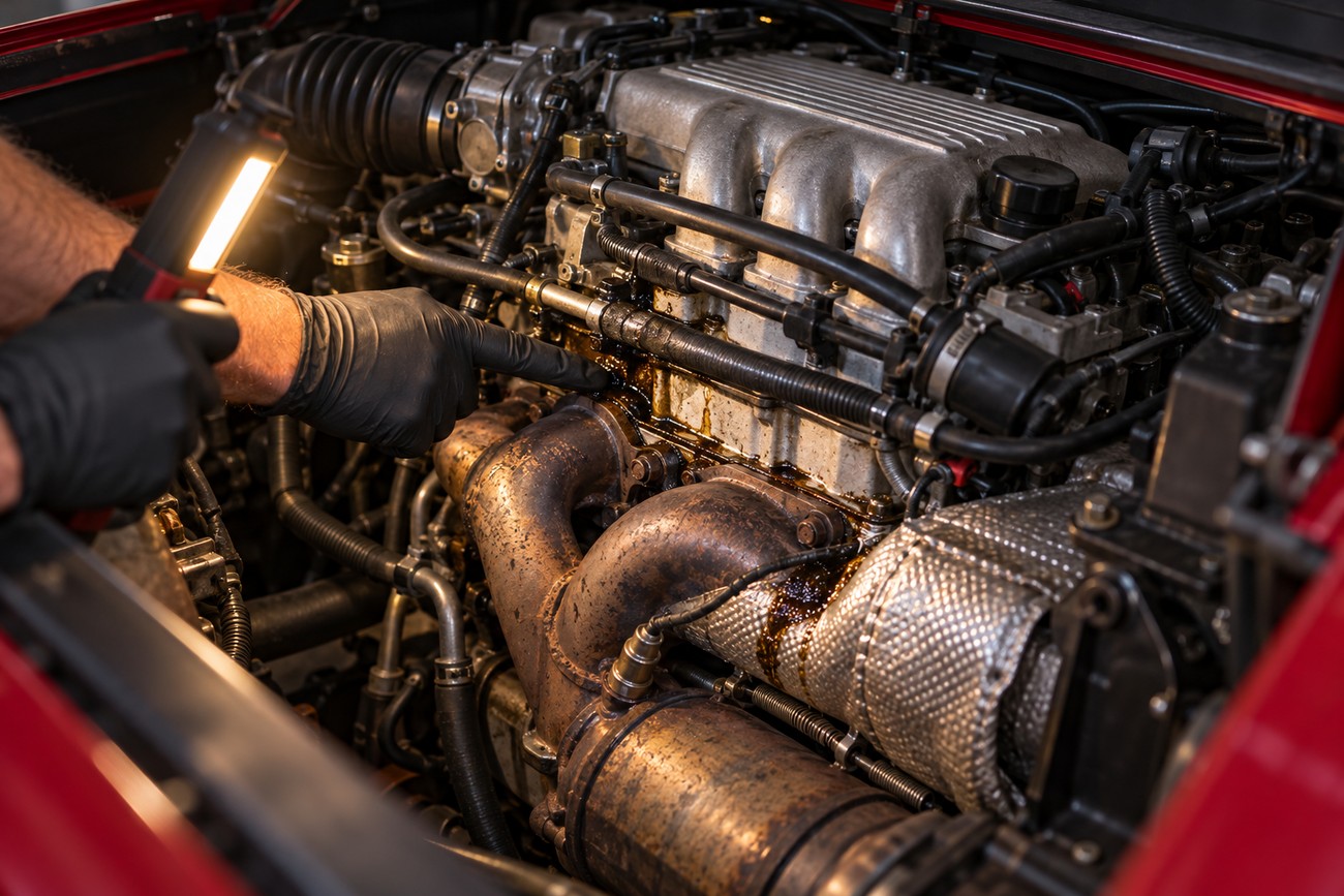 A mechanic in black gloves inspects an oil leak in the engine bay of a Pontiac Fiero GT holding a work light