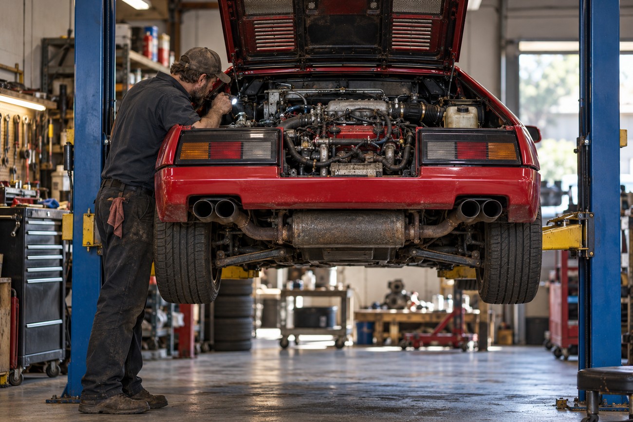 Mechanic inspecting the engine bay of a red Pontiac Fiero GT raised on a lift in an auto repair shop