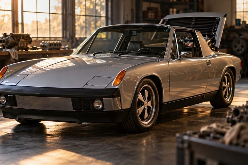 Classic silver Porsche 914-6 sports car parked inside a dimly lit vintage workshop with open rear trunk