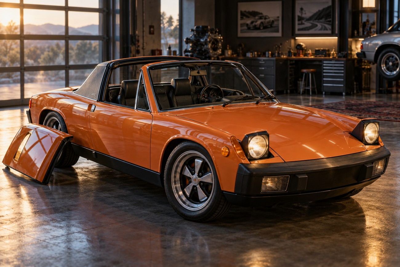 Classic orange Porsche 914-6 sports car with open targa top parked inside a well-lit vintage garage