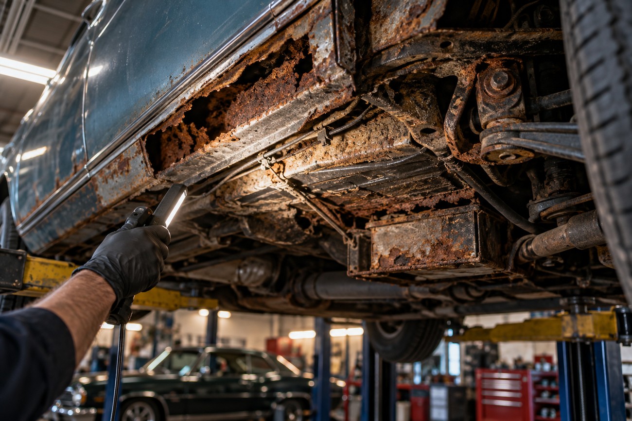 Mechanic wearing a black glove uses a work light to inspect severe rust damage on the undercarriage of a Porsche 914-6
