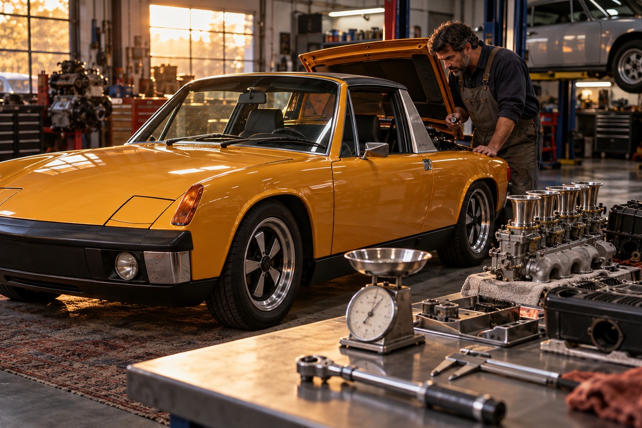 A mechanic in overalls inspects the mid-engine compartment of a yellow Porsche 914-6 inside a busy automotive workshop