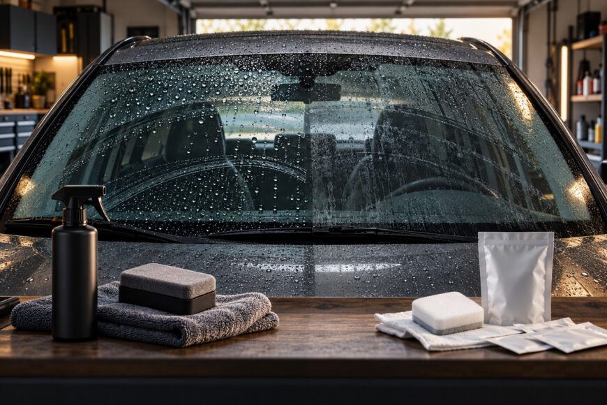 Two glass treatment kits with spray bottle and sponges on a workbench in front of a wet car windshield