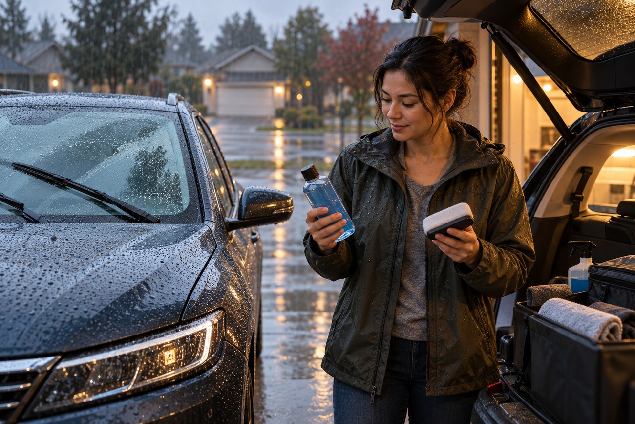 A woman holding a glass treatment bottle and applicator pad near her wet car trunk on a rainy evening