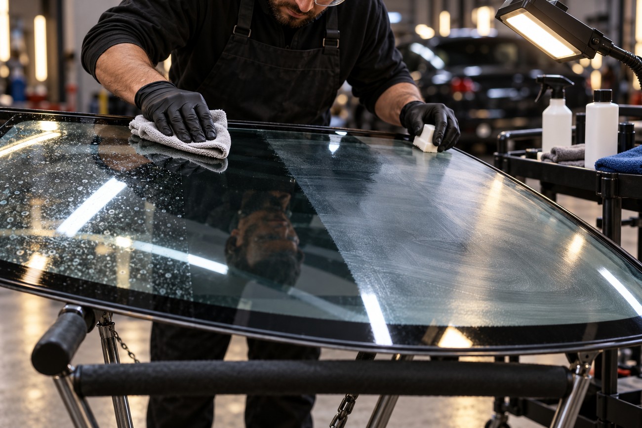 A technician wearing gloves applies a glass treatment product to a car windshield in a workshop
