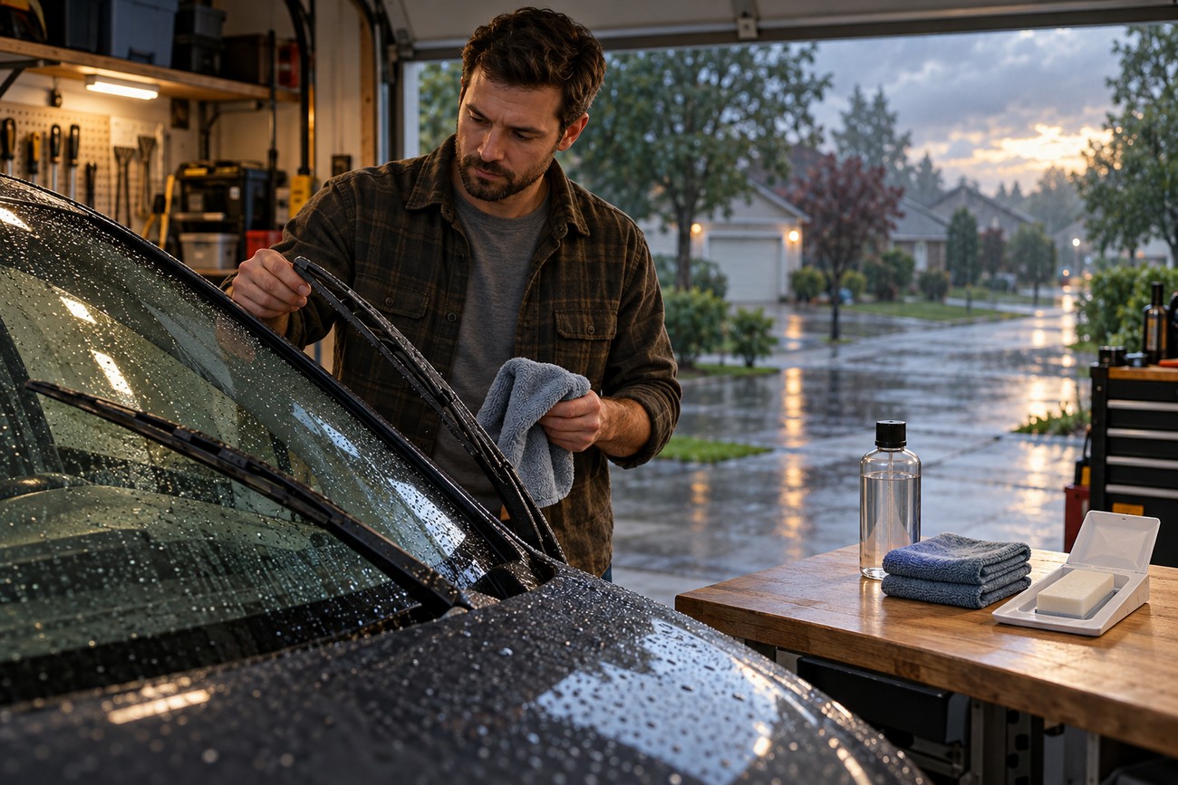 A focused man holding a microfiber towel while lifting a windshield wiper on a wet car in a garage with glass treatment supplies on a wooden table
