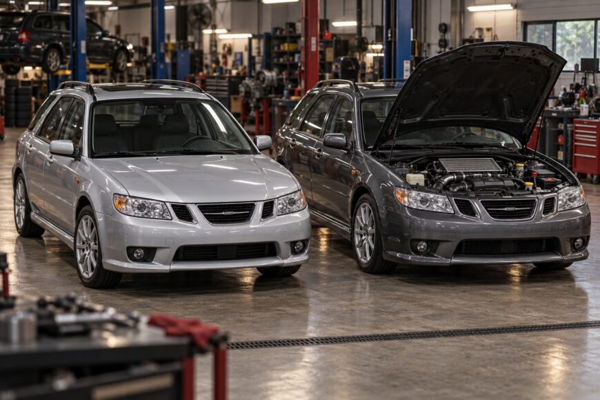 Two silver and dark gray Saab 9-2X station wagons parked inside a brightly lit auto repair garage