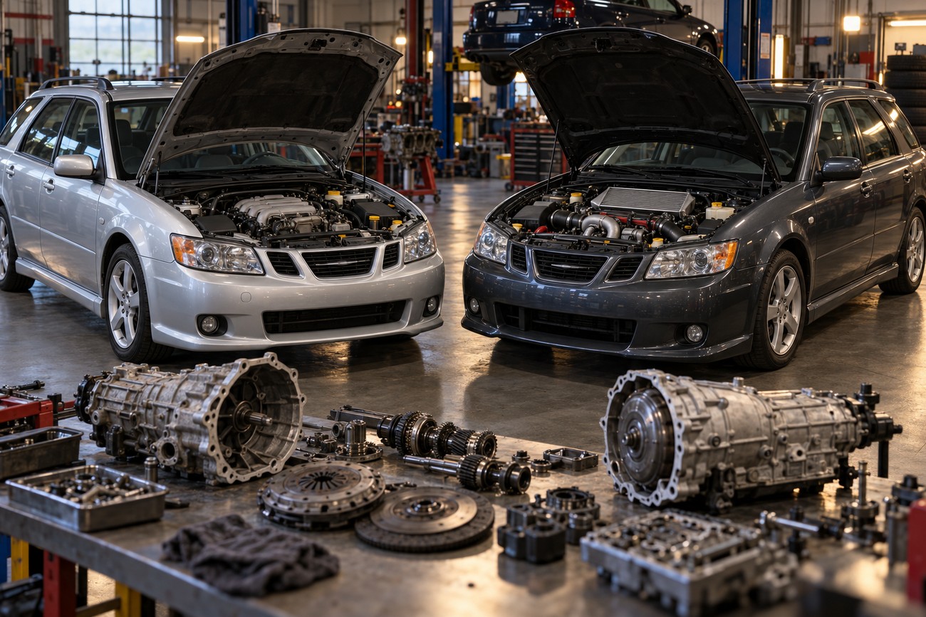Two Saab 9-2X wagons with open hoods parked in a garage with disassembled transmission parts on a workbench in the foreground