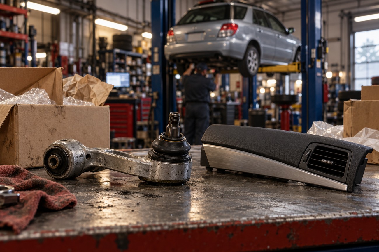 A Saab 9-2X suspension control arm and a dashboard vent lie on a metal workbench inside a car repair shop with a silver wagon on a lift in the background
