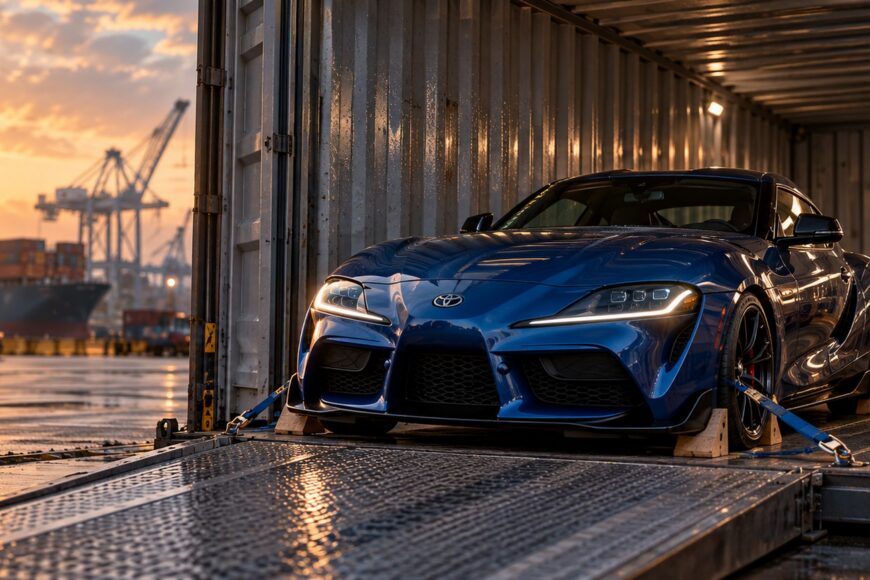 Blue Toyota Supra securely strapped inside a shipping container at a port during sunset with port cranes in the background