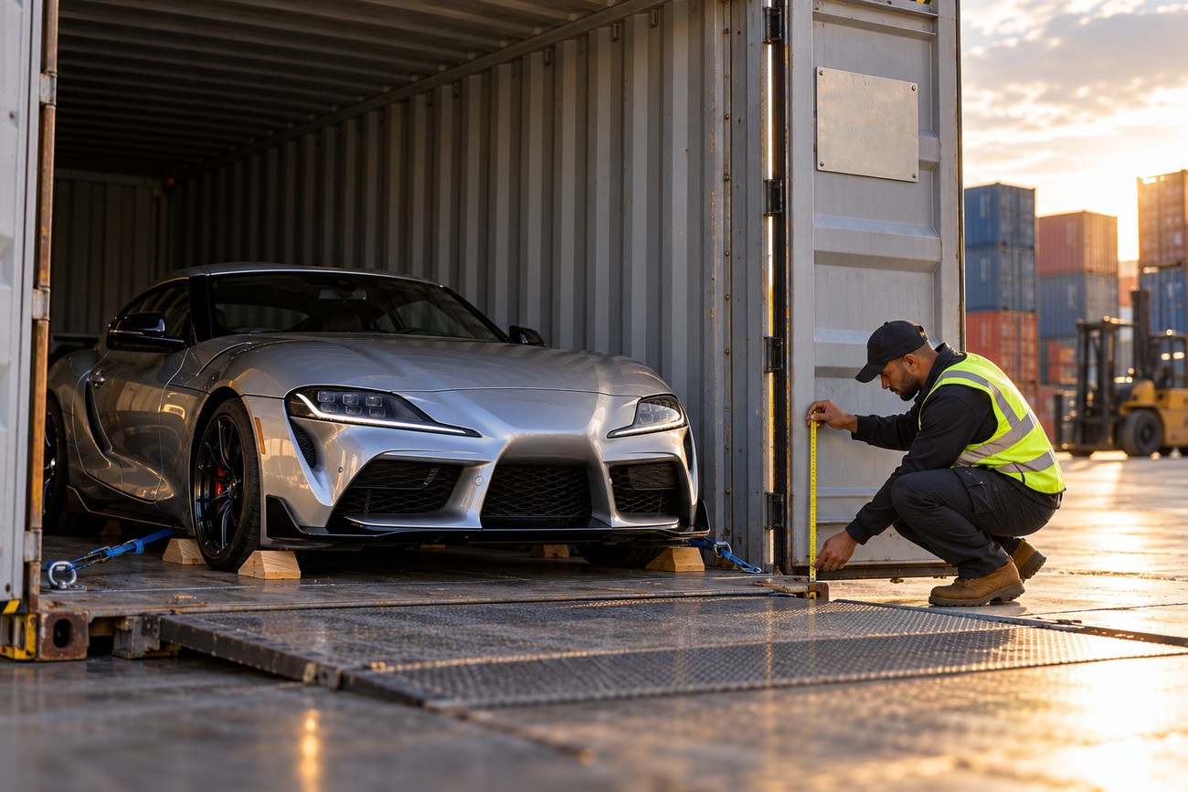 A logistics worker in a high-visibility vest measures the door of a shipping container loaded with a silver Toyota Supra