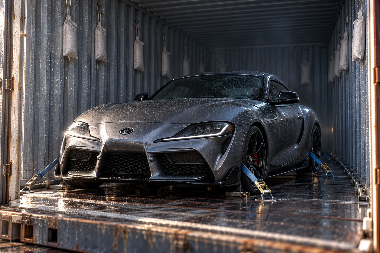 A dark gray Toyota Supra sports car secured with blue ratchet straps inside a metal shipping container